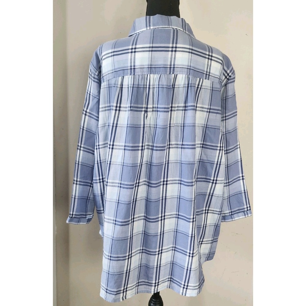 Preswick & Moore Womens 3X Blue White Plaid 3/4 Sl Cotton Button Shirt Top - Picture 3 of 4